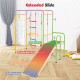 Extended slide of a multicolor 8-in-1 indoor jungle gym, featuring acceleration and deceleration zones for safe play.