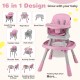 16-in-1 pink baby high chair with activity center, adjustable height, and detachable tray for versatile use.