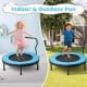 Kids enjoy jumping on the 40-inch blue trampoline, featuring a padded edge and foam handle for safety and stability.