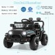 Black 12V kids ride-on truck with dual motors, remote control, and safety features for children aged 3+ years.