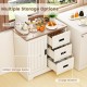 Farmhouse sideboard buffet cabinet in white with sliding doors, featuring a wide top and three large drawers for.