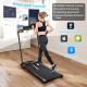 Folding treadmill with LED display and remote control, ideal for home fitness and relaxation in a compact design.