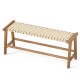 Teak wood patio bench with weave seat, 47 inches long, suitable for 3 people, ideal for outdoor spaces.