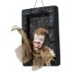 Hanging animated zombie prisoner decoration with glowing red eyes, creepy sounds, and detailed features for Halloween.