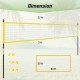 Portable outdoor volleyball net dimensions showing height options of 8 ft, 7.8 ft, and 7.4 ft for adjustable play.