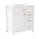 Single bathroom vanity with two drawers and one door, featuring a sleek white finish and gold hardware for stylish.