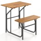 Acacia wood patio table and bench set with a solid top and reinforced metal frame, perfect for outdoor relaxation.
