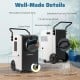 Detail view of the 154 Pints Commercial Dehumidifier showcasing removable mesh filter, control panel, and drain outlets.