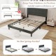 Queen size upholstered bed frame in dark gray with tufted headboard, wooden slats, and no box spring needed.