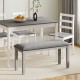Upholstered gray bench with padded seat and solid wood legs, perfect for dining rooms or entryways.