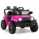 Bright pink 12V kids ride-on truck with LED headlights, remote control, and safety features for fun outdoor adventures.