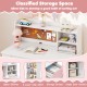 Kids desk and chair set in pink with hutch, 3-layer side shelf, and storage options for organized play and study.