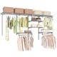 Closet organizer system in grey with 7 shelves and 5 hanging rods, ideal for laundry and bedroom storage solutions.