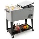 Portable gray patio cooler with 80-quart capacity, bottom storage shelf, and bottle opener for outdoor gatherings.
