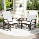 Two outdoor glider chairs with beige fabric and ergonomic backrests, perfect for relaxing on the patio or porch.