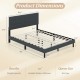 Queen size upholstered bed frame in dark gray with tufted headboard, sturdy wooden slats, and ample under-bed space.