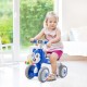 Blue baby balance bike with four wheels, featuring a sturdy frame and comfortable seat for safe, fun riding.