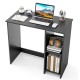 Modern black home office desk with 2 compartments, featuring a laptop, stationery, and organized books for efficient.