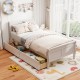 Twin size sleigh bed in white with two storage drawers, featuring a stylish headboard and wooden frame for durability.
