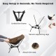 Portable camping chair setup steps showing frame unfold, leg securing, and seat attachment for easy use.