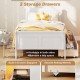 Twin size sleigh bed in white with 2 storage drawers, featuring smooth rolling wheels for easy access and organization.