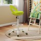 Drafting stool with green upholstery and white frame, featuring a low backrest and smooth-rolling wheels for creative.