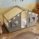 Twin size house bed in grey with LED lights, featuring open windows for play and a low-to-ground design for kids'.