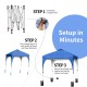Pop-up height adjustable canopy tent in blue, 6.6'x6.6', with easy setup steps for outdoor shade and stability.