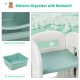 Kids toy storage organizer in green with 6 bins and bookshelf, designed for safe and easy access to toys.