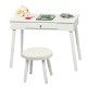White vanity makeup table and stool set with drawer, perfect for kids' bedrooms and playrooms, featuring a soft cushion.