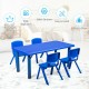 Kids plastic rectangular learn and play table in blue with four chairs, perfect for daycares and home use.