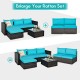 Armless patio rattan sofa set with blue cushions, perfect for outdoor spaces like patios and gardens.