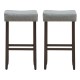 Set of 2 gray nailhead saddle bar stools with solid rubberwood legs, 29-inch height, perfect for home or bar use.
