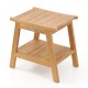 Teak wood shower bench with slatted design, storage shelf, and adjustable foot pads for stability and comfort.