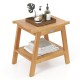 Teak wood shower bench with storage shelf, curved seat design, and adjustable foot pads for stability and comfort.