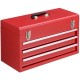 Portable red mechanic tool cabinet box with three drawers and a top tray for easy tool organization and transport.