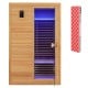 Far infrared wooden sauna room for 2 with a tempered glass door and free red light therapy panel for home use.