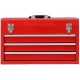 Portable red garage mechanic tool cabinet box featuring three drawers and a top tray for easy tool organization.