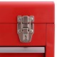 Close-up of the red portable garage mechanic tool cabinet box with a secure latch and three drawers for tool storage.