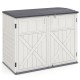 Horizontal resin storage shed in white with adjustable shelf, padlock latch, and sturdy design for outdoor tool storage.