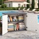 Horizontal resin storage shed with adjustable shelf, featuring a padlock latch, ideal for garden tools and pool.