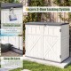 Horizontal resin storage shed with secure 3-door locking system and adjustable shelf for garden tools and accessories.