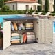 Beige 20 cu.ft horizontal resin storage shed with open doors, showcasing adjustable shelves filled with cushions and blankets.