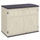 Horizontal resin storage shed in beige with 20 cu.ft capacity and adjustable shelf for garden tools and accessories.
