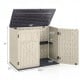 Horizontal resin storage shed in beige with adjustable shelf, featuring a padlock latch and sturdy design for outdoor use.