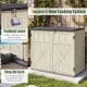 Horizontal resin storage shed with a secure 3-door locking system, adjustable shelf, and step-on lock for easy access.