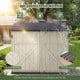 Horizontal resin storage shed in beige with 20 cu.ft capacity, adjustable shelf, and drizzle-proof design for outdoor use.