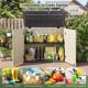 Horizontal resin storage shed in beige with adjustable shelf, ideal for organizing garden tools and pool accessories.