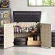 Horizontal resin storage shed with adjustable shelf, featuring a padlock latch and ample space for garden tools and accessories.
