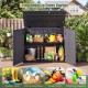 Horizontal resin storage shed with adjustable shelf, ideal for organizing garden tools and pool accessories outdoors.